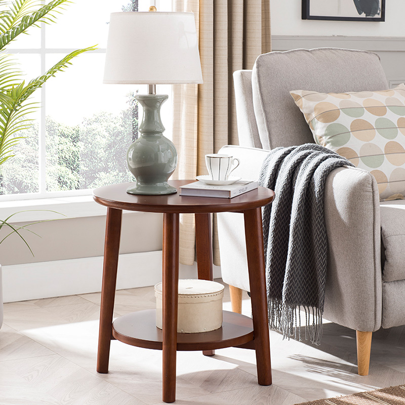 Round Wooden Side Table With Shelf